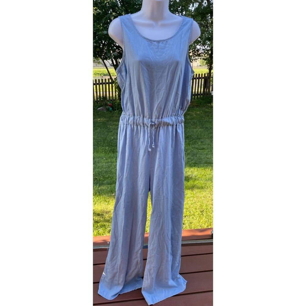 Demin Sleeveless Light Blue Jumpsuit With Adjustable Waist Tie & Wide Legs M